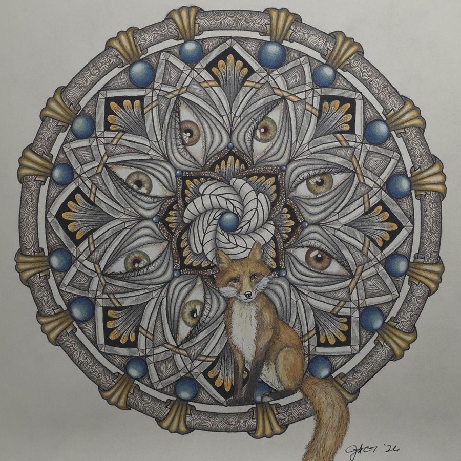 Silver and gold circular drawing with a fox sitting at its lower edge