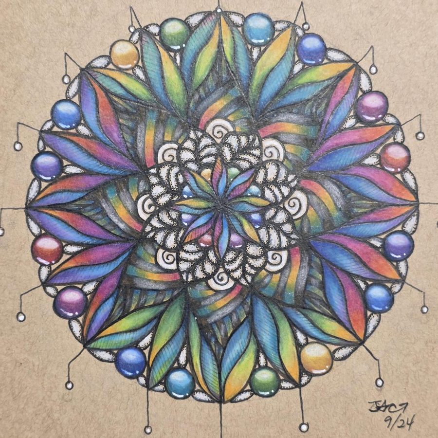 Circular drawing with rainbow-colored pointed petals and hanging beads