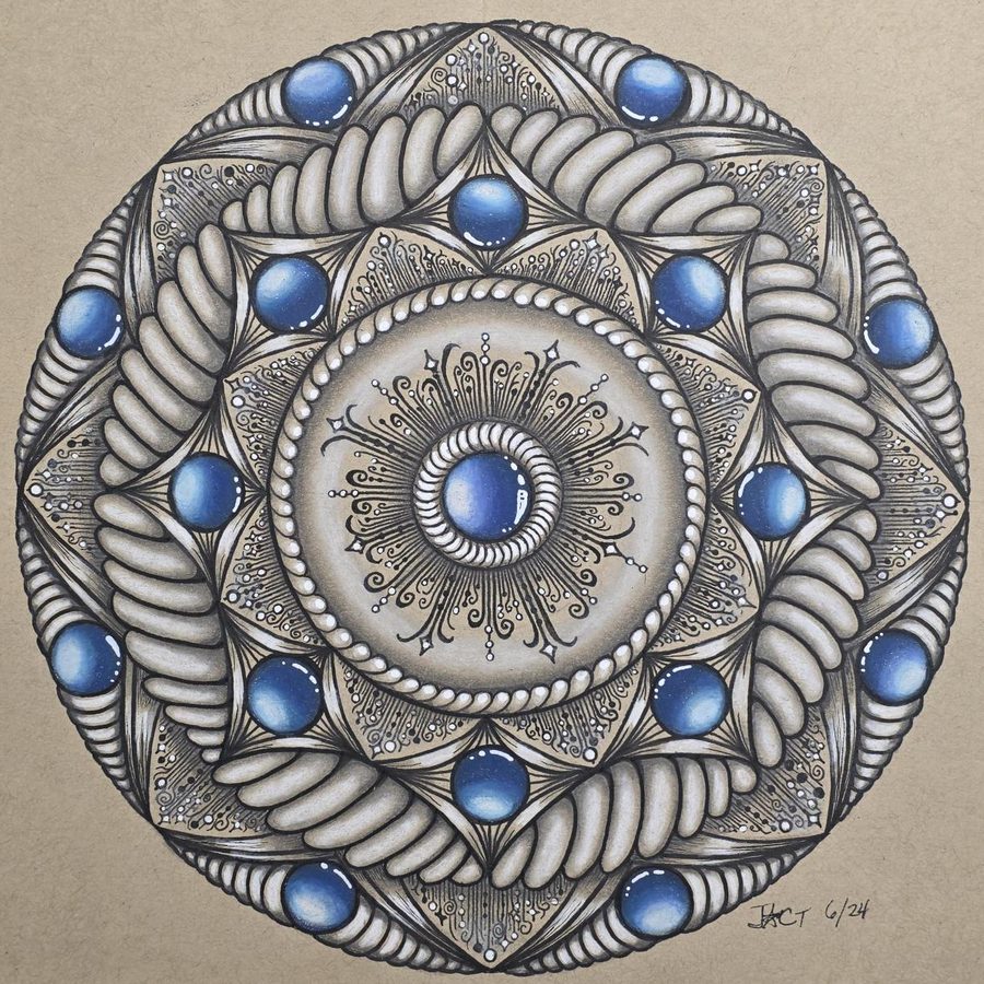 Silver circular drawing with braided rope rings and sapphire-blue gems