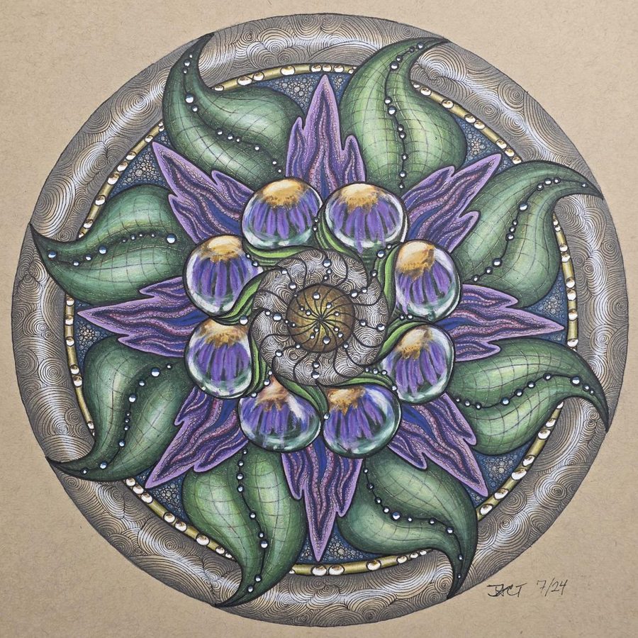 Circular drawing of purple flowers and green leaves inside a silver ring